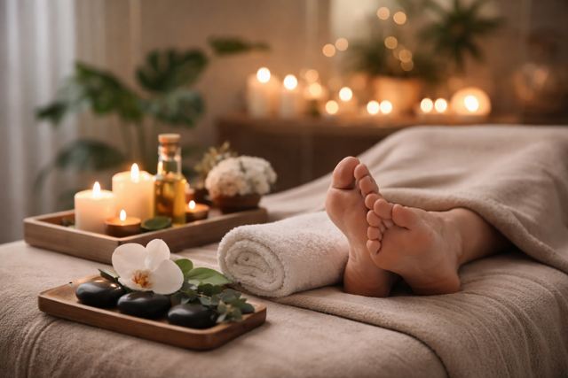 Relaxing foot reflexology setting with candles, warm stones, and soft towels